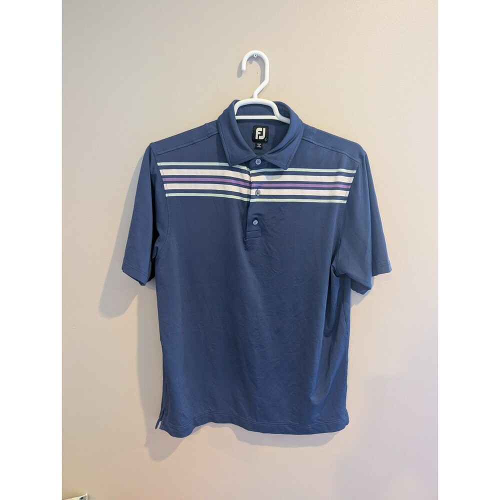 FJ FootJoy Golf Polo Shirt Mens L Performance Lisle Blue Purple White Stripe